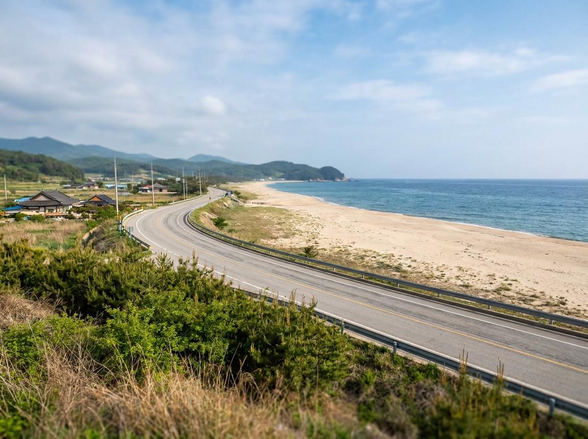 해변과 해안도로가 함께 보이는 영덕 해안 여행 이미지
