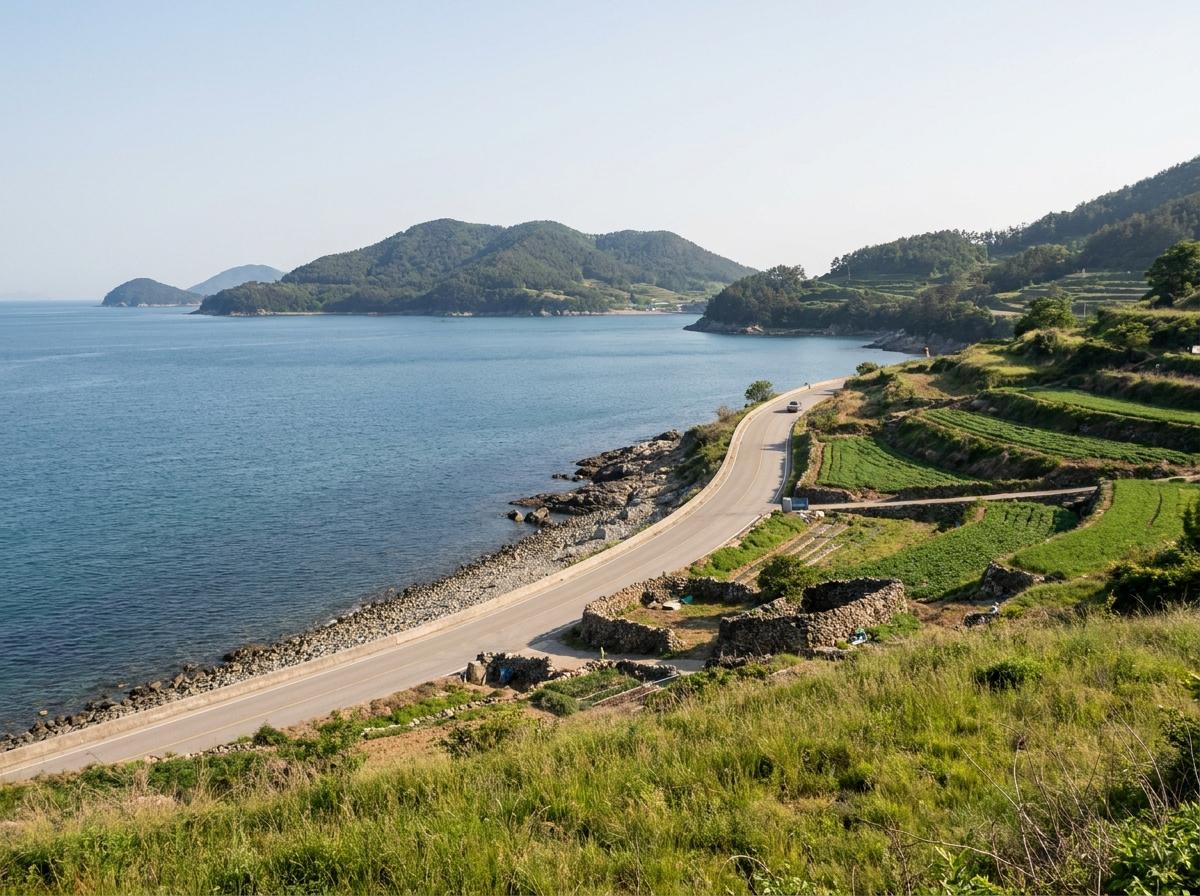 남해의 바다와 계단식 논을 곁에 둔 해안도로 풍경을 표현한 이미지